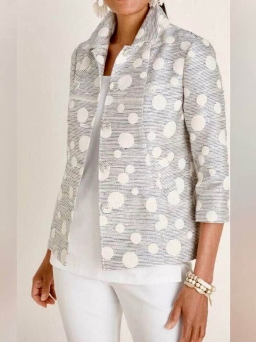 Silver Shine Jacquard Dot Blazer Jacket with Pearly & Sequin Detailing